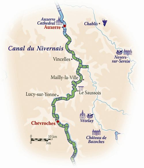 map of L'Art de Vivre's itinerary Golf Barge Cruise Barging in France