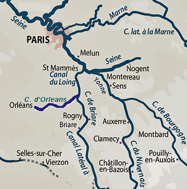 French hotel barge Aurora - itinerary map Northern Burgundy Paris Joigny cruise