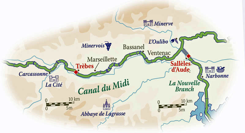 French hotel barge Enchante - canal du midi golf barge cruise itinerary map