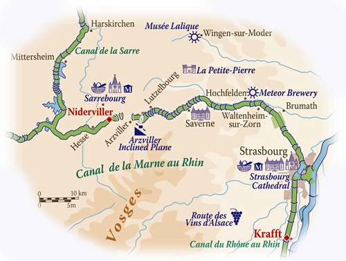 French Hotel Barge Cruises in Alsace-Lorraine France. Map of Alsace-Lorraine France