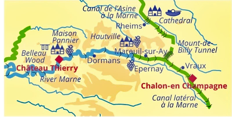 French hotel barge Aurora - itinerary map Champagne Paris Châlons en Champagne cruise