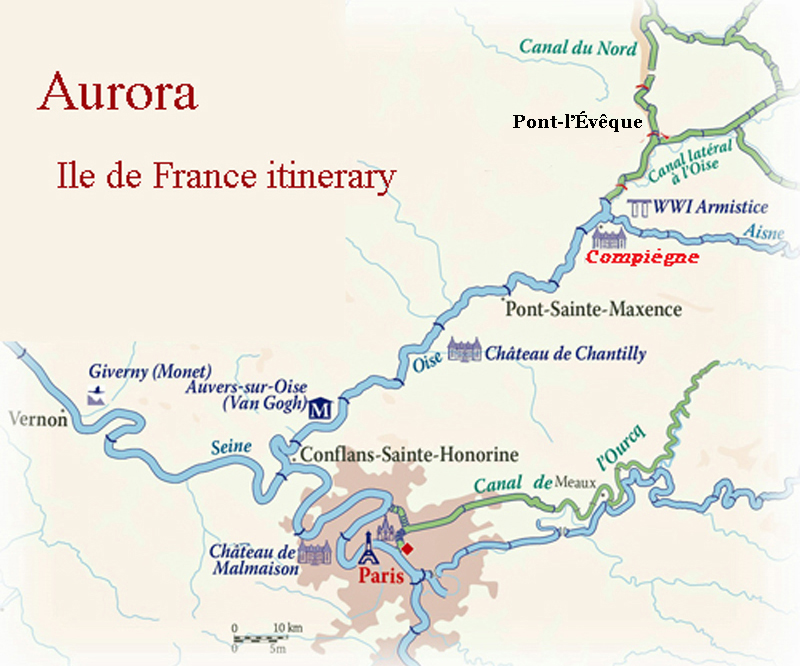 French hotel barge Aurora - itinerary map Ile de France Paris Compiegne cruise