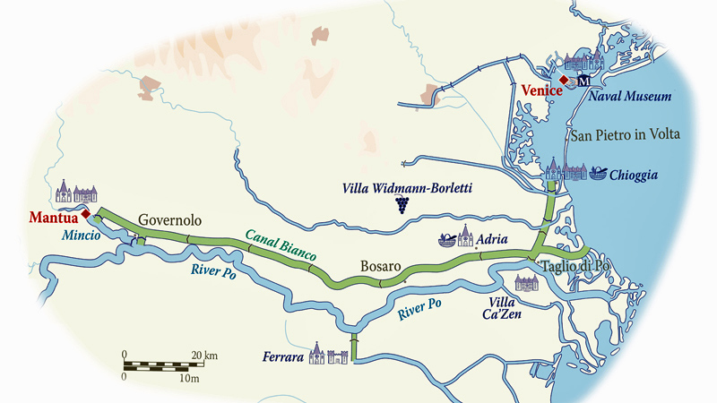 Italian hotel barge La Bella Vita - itinerary map for river cruise in Italy