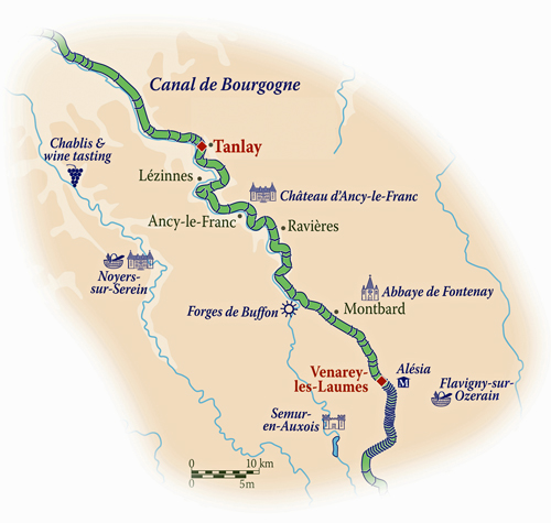 French hotel barge La Belle Epoque - Burugndy golf barge cruise itinerary map