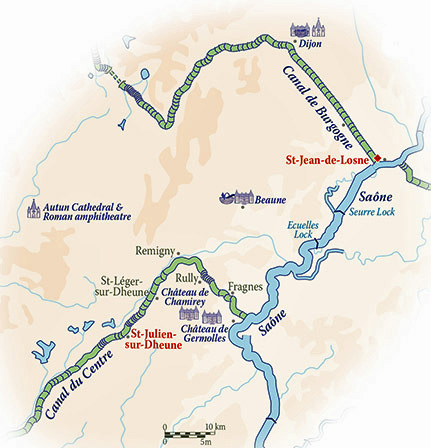 French hotel barge Finesse - Barge cruise itineraries Burgundy map bargecharters.com