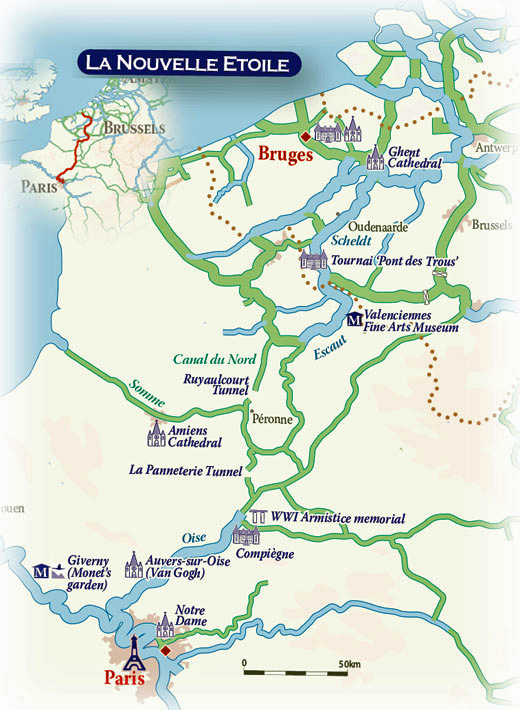 Hotel Barge La Nouvelle Etoile - France to Belgium cruise itinerary map