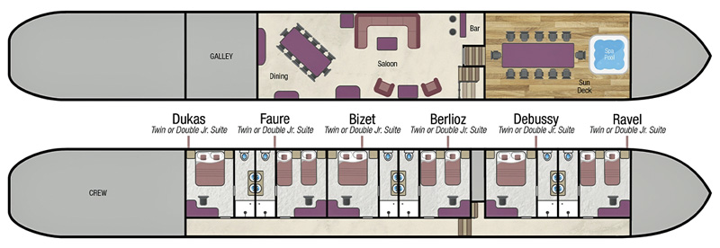Hotel Barge Panache layout diagram deck plan. Barge cruises on the European waterways