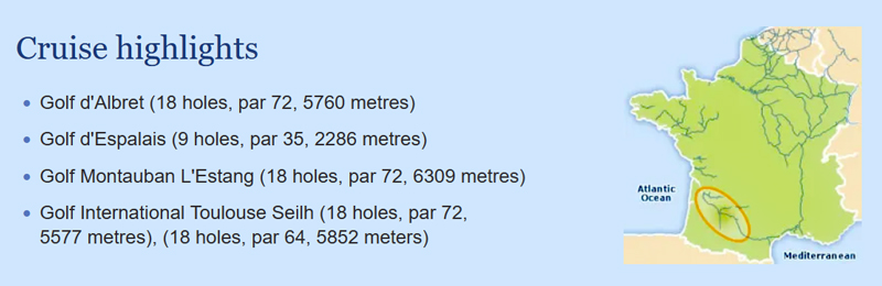 French hotel barge Rosa - Gascony golf itinerary map