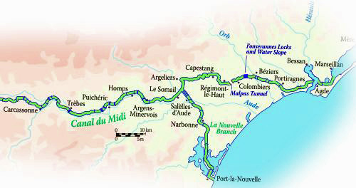 Map Canal du Midi France Barge cruises