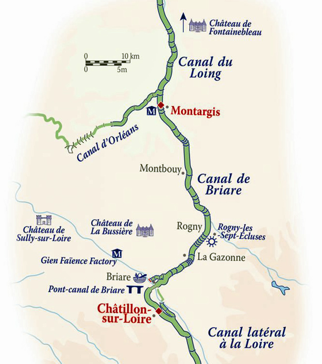 Upper Loire Western Burgundy France barging cruise itinerary map